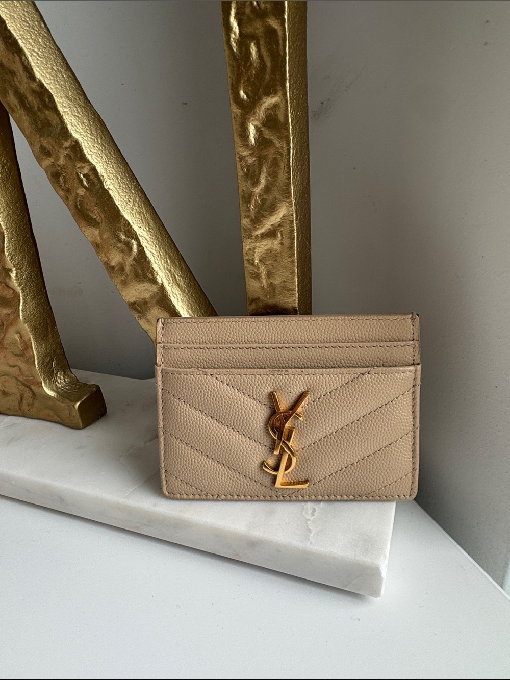 Saint Laurent Nude Quilted Leather Card Holder with Gold YSL Monogram